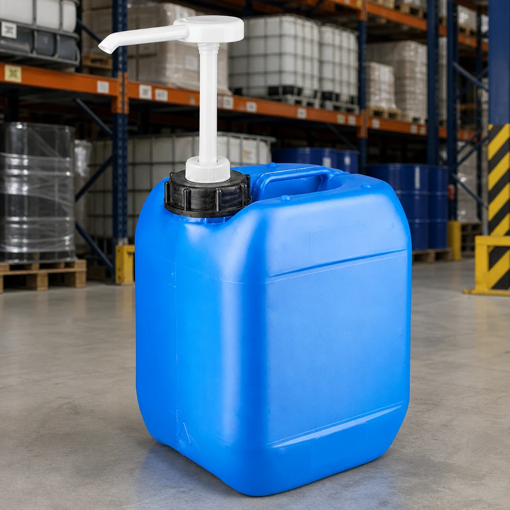 Kanister 5 Liter blau mit Dosierpumpe Robuster Industriekanister 5L blau mit weißer Pumpe vor Lagerregalen