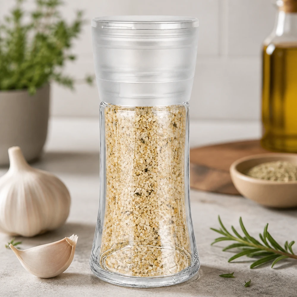 Transparentes Mahlwerk-Glas 95ml mit Kräutersalz umgeben von Olivenöl und frischen Kräutern