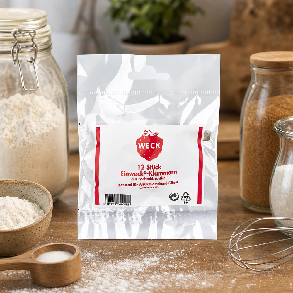 WECK Klammern Verpackung in natürlicher Küche mit Vorratsgläsern Mehl Gewürzen und Kochutensilien Lifestyle