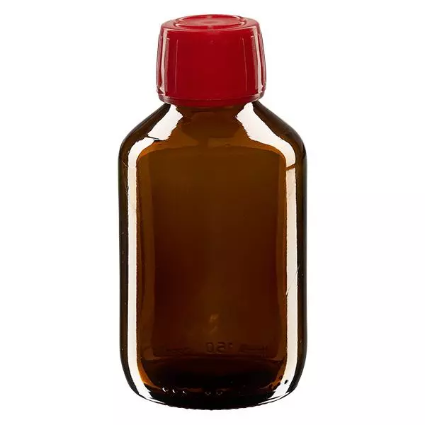 150ml Medizinflasche braun, Verschluss rot mit Originalitätsring ApoGlas 150ml Medizinflasche braun, Verschluss rot mit Originalitätsring ApoGlas