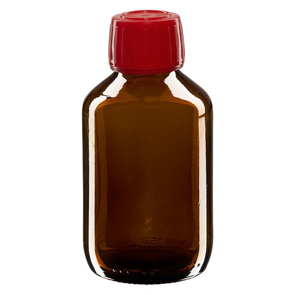 150ml Medizinflasche braun, Verschluss rot mit Originalitätsring ApoGlas 150ml Medizinflasche braun, Verschluss rot mit Originalitätsring ApoGlas