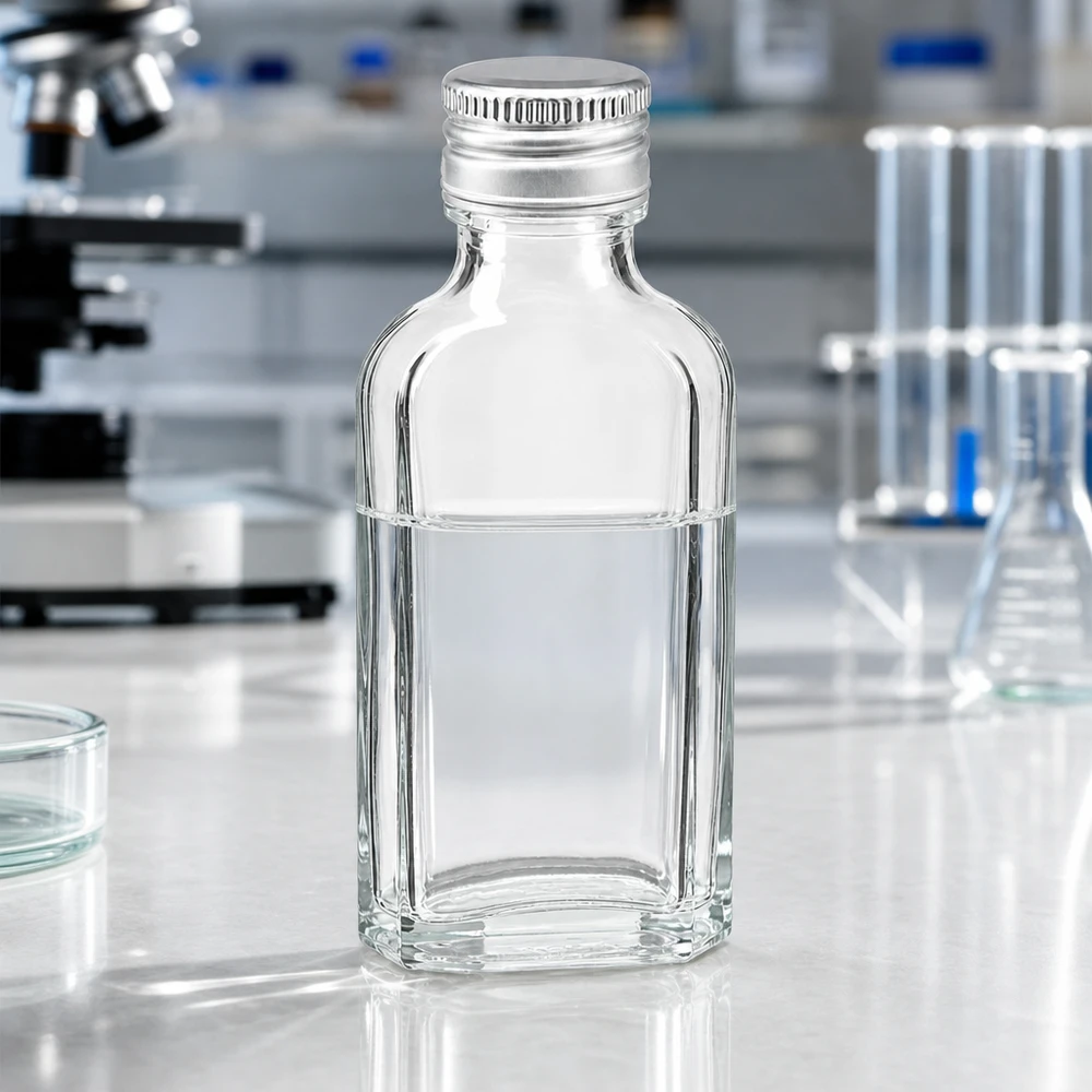 Kleine klare Meplat Flasche 50ml mit Aluminiumschraubdeckel PP22 auf weißem Untergrund