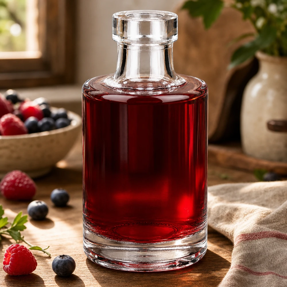 100ml Glasflasche "Marie" ohne Verschluss UNiTWIST 100ml Glasflasche Marie mit rotem Beerensirup gefüllt neben frischen Himbeeren und Blaubeeren auf Holztisch