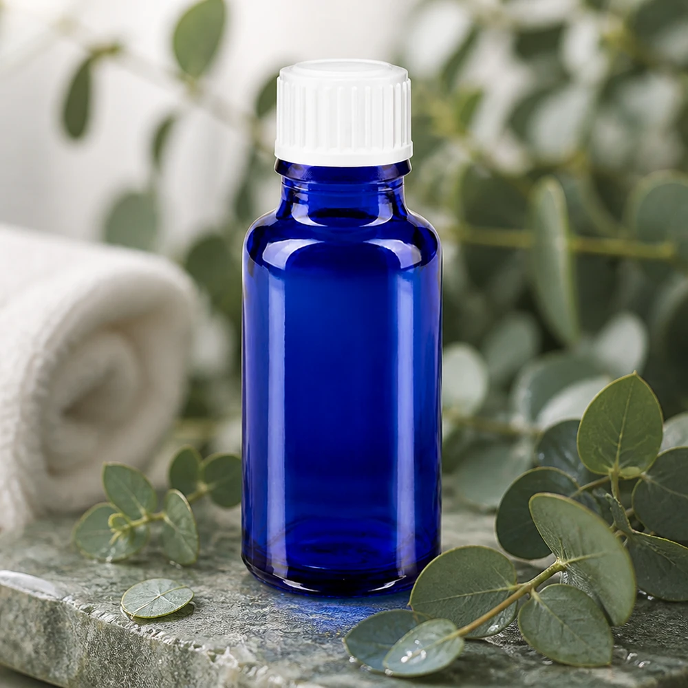 Apothekenflasche blau 20ml Schraubverschluss weiß Standard Apothekerflasche 20ml in Kobaltblau mit Originalitätsverschluss für Naturkosmetik und Aromatherapie