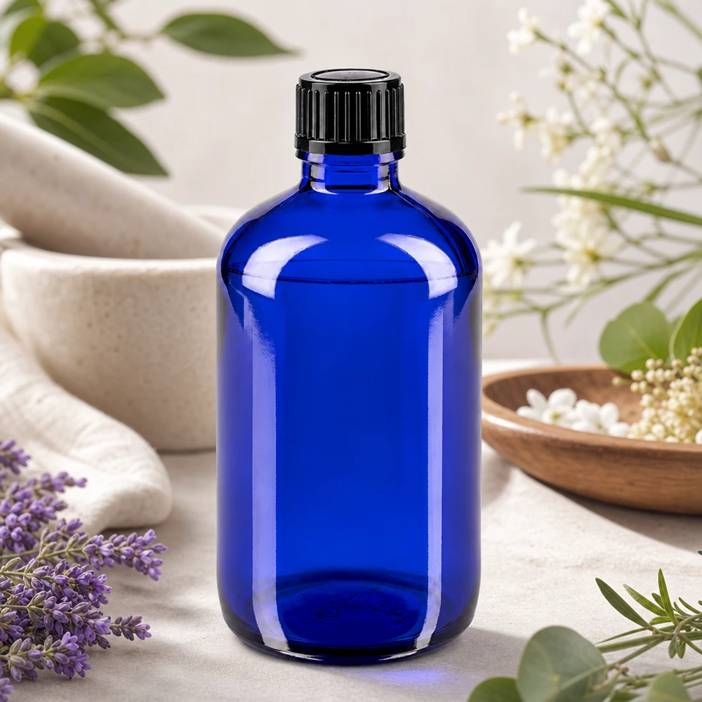 Apothekenflasche blau 100ml Schraubverschluss schwarz Standard Kobaltblaue 100ml Apothekerflasche mit schwarzem Deckel neben Mörser und Heilkräutern
