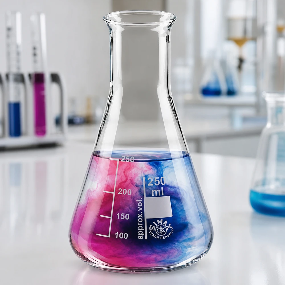 Erlenmeyerkolben 250ml Enghals Wissenschaftlicher Erlenmeyerkolben 250ml für Reaktionen mit zweifarbiger Flüssigkeit