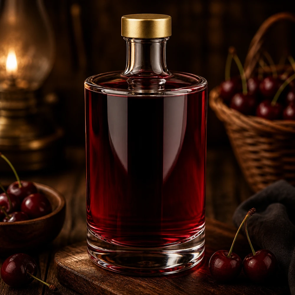 500ml Glasflasche "Sam" + Schraubverschluss gold UNiTWIST 500ml Glasflasche Sam mit roter Kirschlikör Füllung goldener UNiTWIST Verschluss edle Spirituosen Atmosphäre Kerzen