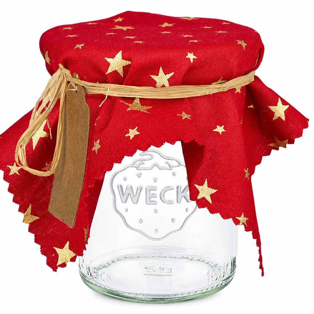 Rotes Schmuckdeckchen mit goldenen Sternen auf WECK Glas, eckig geschnitten, 15cm, festliche Dekoration