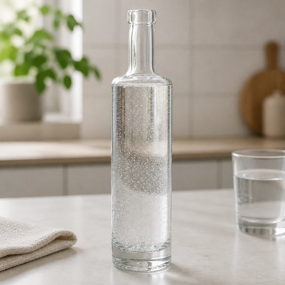 500ml Glasflasche Lina mit Sprudelwasser gefüllt in eleganter Küchenszene zeigt Vielseitigkeit für Getränke aller Art
