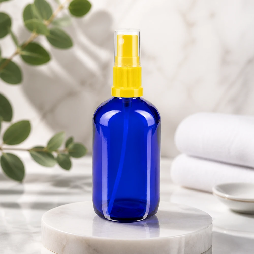 Apothekenflasche blau 100ml Sprayaufsatz gelb Blaue 100ml Glasflasche STD mit gelbem Sprühkopf für ätherische Öle und Hydrolate