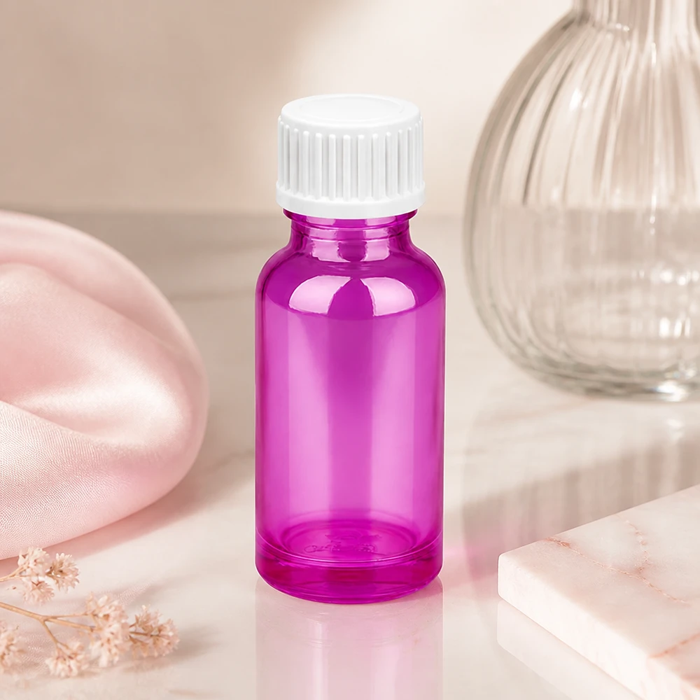 20ml (Globuli)Flasche 3mm Giessring weiß Standard PurpleLine.UT18/20 Stilvolle 20ml Flasche in leuctendem Violett mit weißem Deckel für Kosmetik und Pflege