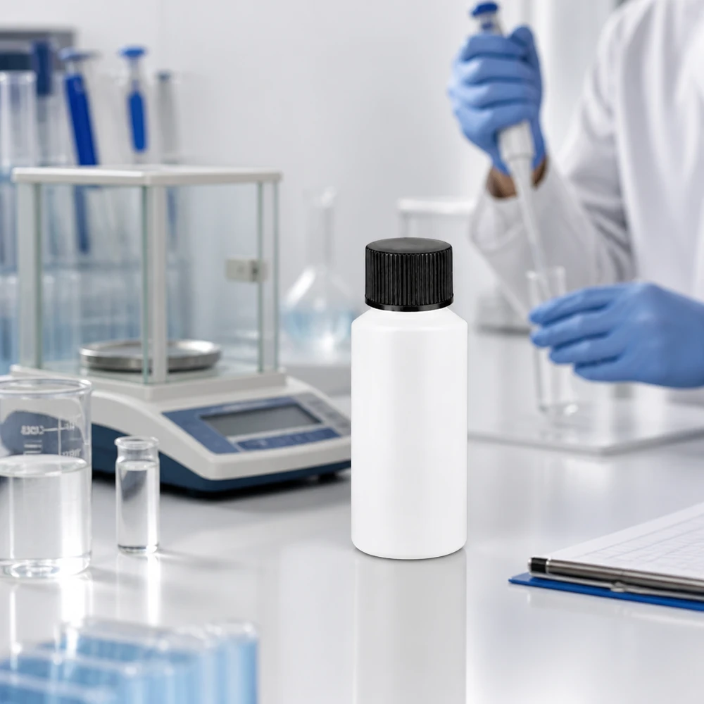 Kompakte weiße Laborflasche 30ml aus hochdichtem Polyethylen mit schwarzem SV Deckel