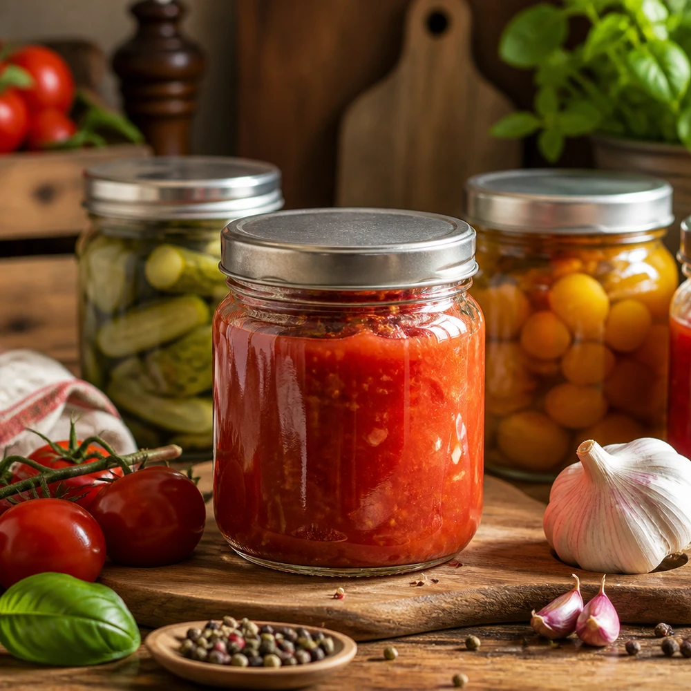 408ml Rundglas mit BasicSeal Deckel silber UNiTWIST 408ml Rundglas BasicSeal silber mit Tomatensauce gefüllt umgeben von frischen Zutaten Basilikum Knoblauch Einmachglas