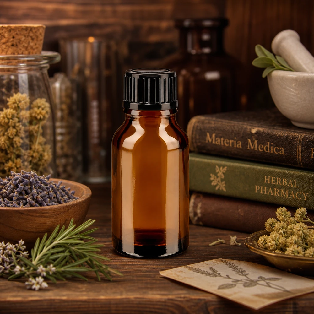 Apothekenflasche braun 15ml Schraubverschluss schwarz Standard Kleine Braunflasche 15ml mit Schraubdeckel auf Holztisch neben getrocknetem Lavendel und Rosmarin