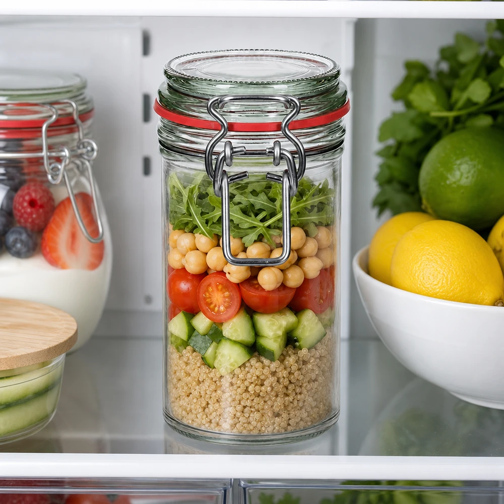 272ml Vorratsglas mit Bügelverschluss gefüllt mit Salat-Zutaten im Kühlschrank - perfekt für meal prep und Aufbewahrung