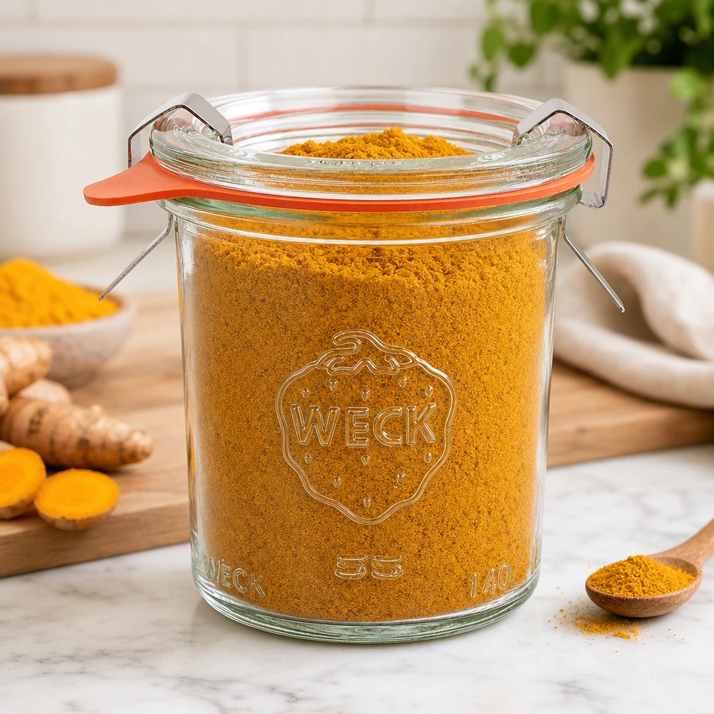 140ml Sturzglas komplett WECK RR60 WECK Sturzglas 140ml RR60 mit Kurkumapulver befüllt auf Marmortisch mit frischen Ingwerwurzeln für Gewürzaufbewahrung