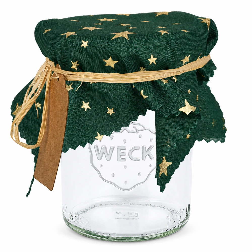 Grünes Stoff Schmuckdeckchen mit goldenen Sternen auf Weck-Glas, 15cm eckig, Marmeladenglasabdeckung mit Bastband