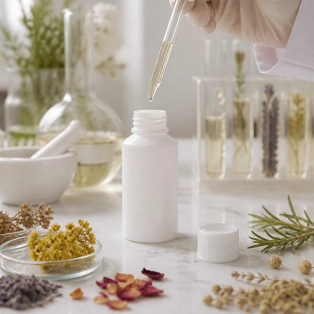 Apothekenflasche HDPE 50ml weiß, mit weißem Schraubverschluss Leere weiße HDPE Apothekenflasche 50ml mit SV in naturmedizinischer Laborumgebung