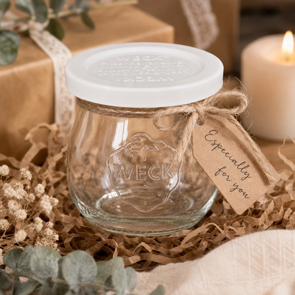 WECK Tulpenglas 75ml RR40 als Geschenk dekorativ verpackt mit Kraftpapier-Anhänger und Juteband auf Holz