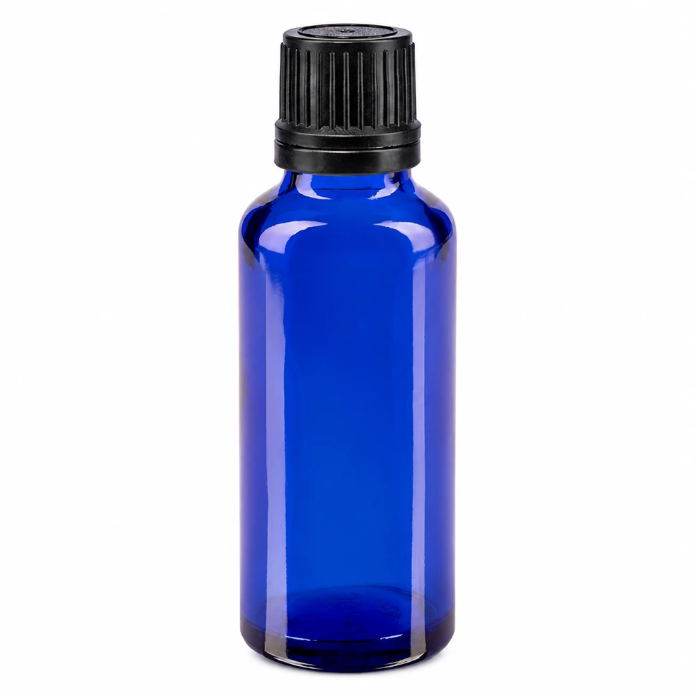 Apothekenflasche blau 30ml Tropfverschluss Giessring 1mm schwarz Originalitätsverschluss Blaue Tropfflasche 30ml mit kindersicherem Schraubverschluss und 1mm Tropföffnung