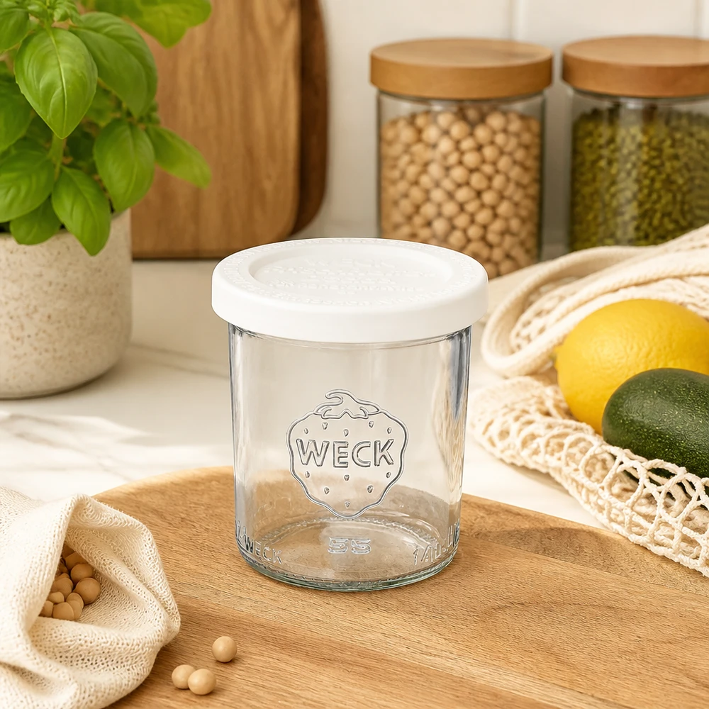 WECK 140ml Sturzglas RR60 leer mit Frischedeckel in moderner Küche neben Vorratsgläsern und frischem Obst