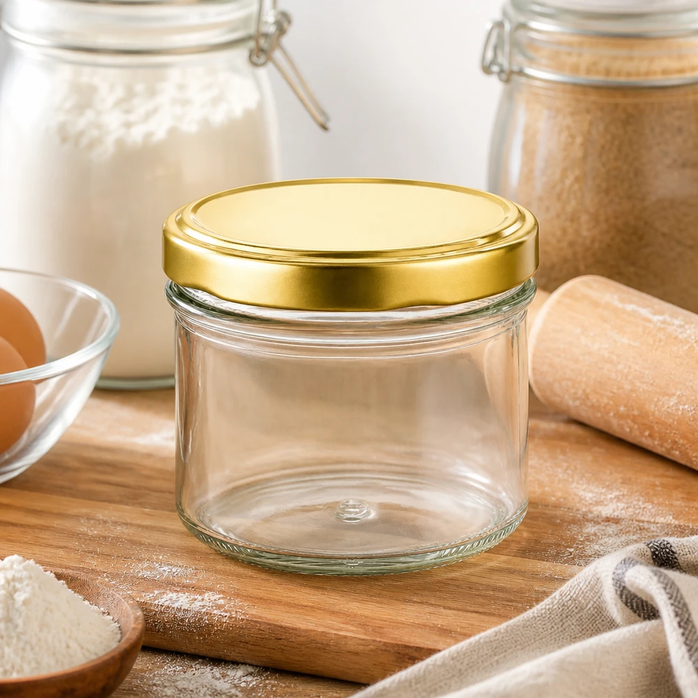 225ml Sturzglas mit BasicSeal Deckel gold UNiTWIST 225ml Sturzglas UNiTWIST BasicSeal gold leer auf Holzbrett mit Mehl und Backzutaten in moderner Küche