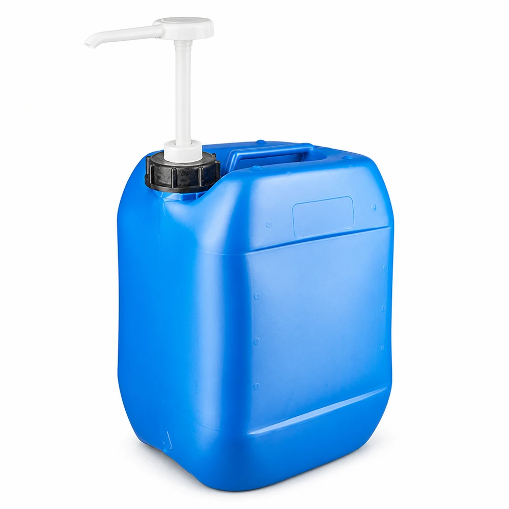 Rechteckiger HDPE Kanister 10L in Blau mit Ausgießpumpe und schwarzem Schraubverschluss