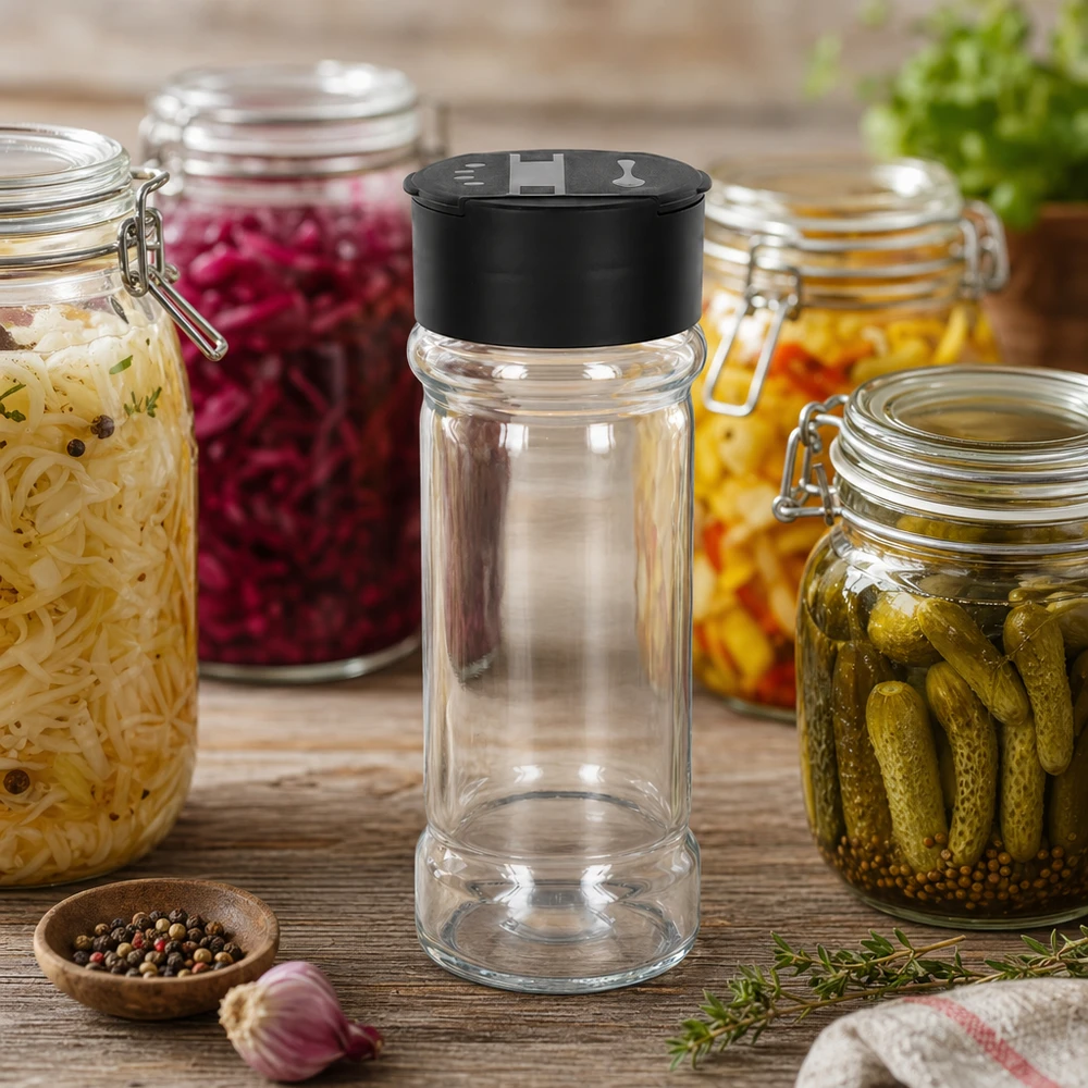 Salz-/Gewürzglas 100ml mit Doppelstreuer schwarz Transparentes Gewürzglas mit Doppelstreuer-Aufsatz in Schwarz auf Holztisch mit Einmachgläsern
