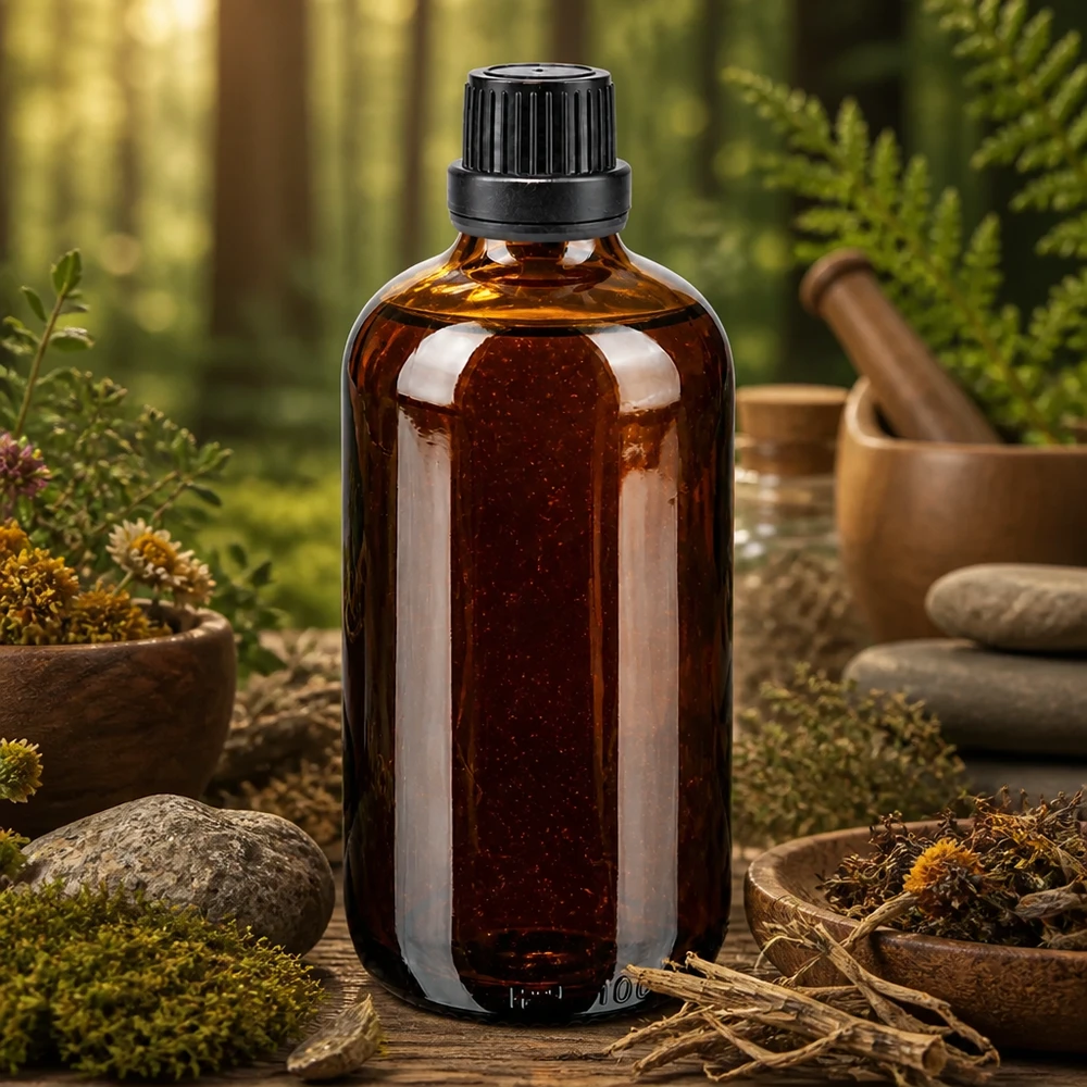 Apothekenflasche braun 100ml Tropfverschluss Premium 2mm schwarz Originalitätsverschluss Braune 100ml ApoGlas Flasche mit 2mm Tropfeinsatz zwischen getrockneten Kräutern und Mörser