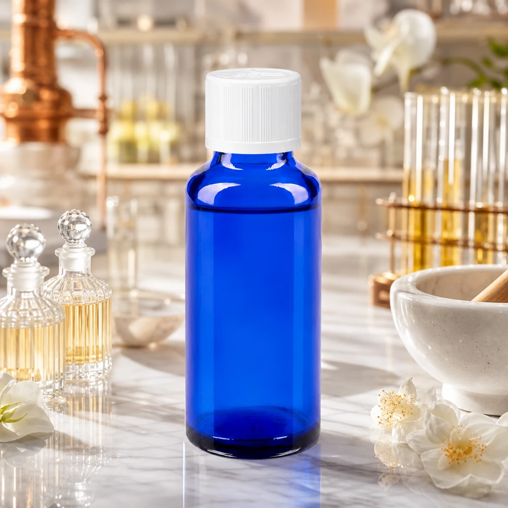 Apothekenflasche blau 30ml Tropfverschluss weiß Kindersicherung Standard Kobaltblaues Apothekerglas 30ml mit KiSi-Deckel auf Marmor neben Mörser und Jasminblüten