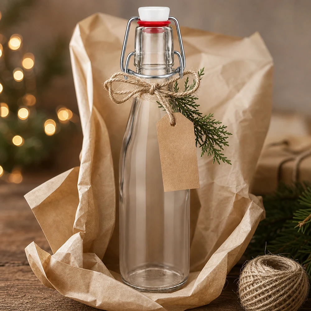 250ml Glasflasche mit Bügelverschluss weihnachtlich dekoriert mit Juteschnur, Geschenkanhänger und Tannenzweig
