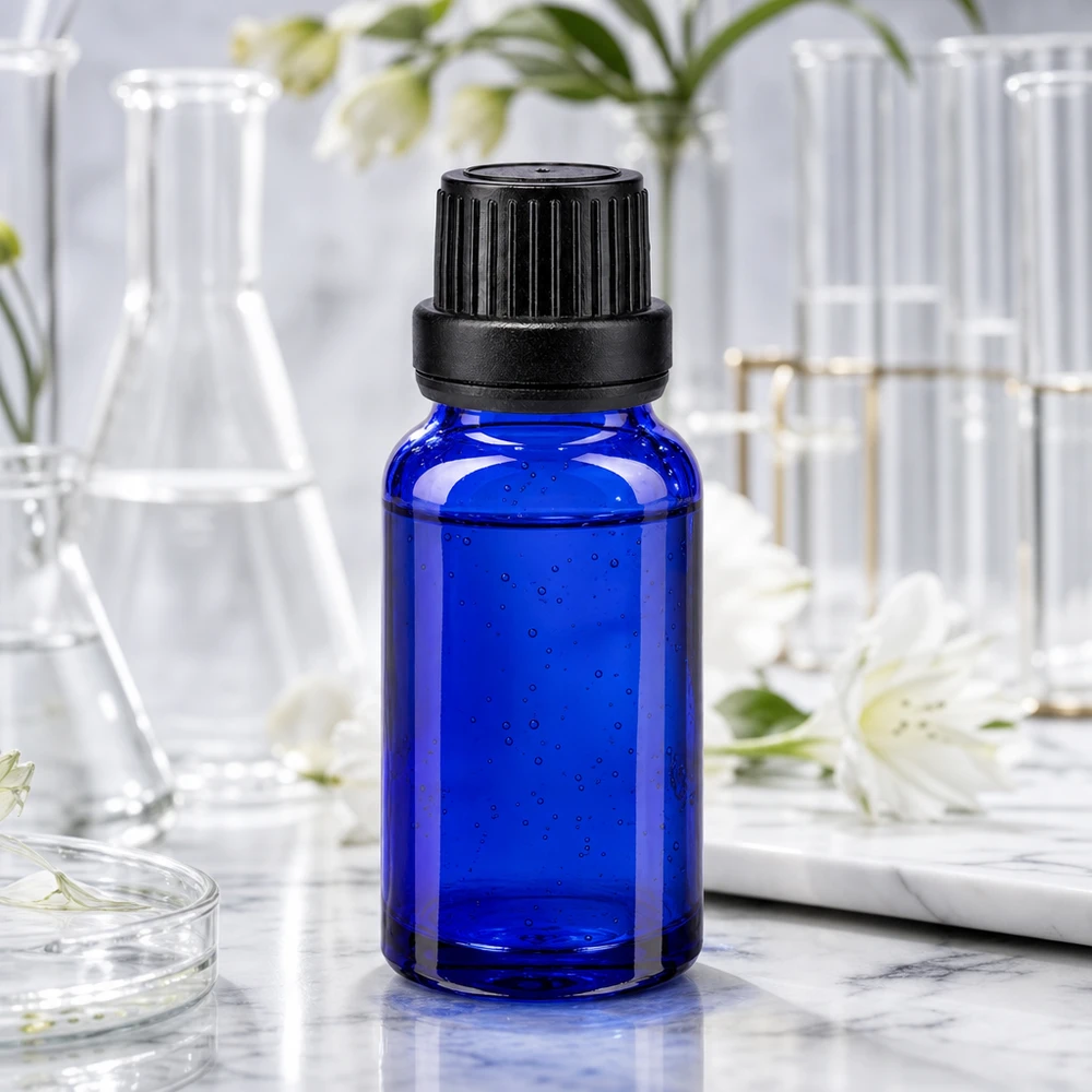 Apothekerglas-Tropfflasche 10ml mit UV-Schutz in Blau für Laboranwendungen neben Erlenmeyerkolben