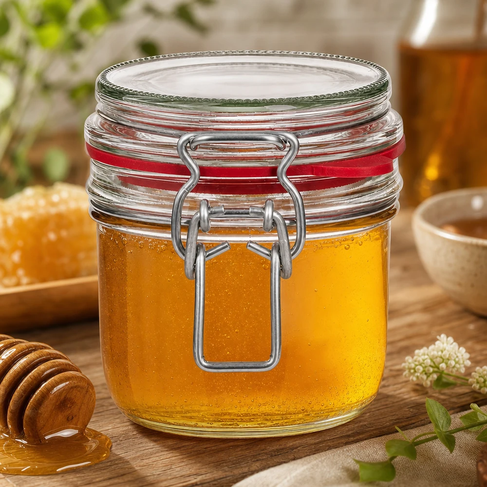 255ml Bügelverschluss-Glas mit goldenem Honig befüllt neben Honiglöffel auf natürlichem Holzuntergrund