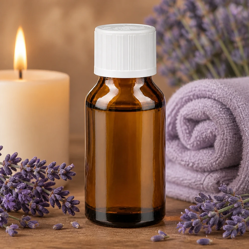 Apothekenflasche braun 30ml Tropfverschluss weiß Kindersicherung Standard 30ml Tropfflasche aus Braunglas mit KiSi-Deckel weiß neben Lavendelblüten und Kerze Aromatherapie