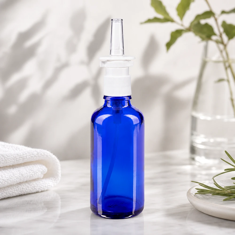 Apothekenflasche blau 50ml Nasenzerstäuber weiß Standard Apothekenflasche 50ml kobaltblau mit transparenter Nasendüse und weißem Sicherheitsverschluss