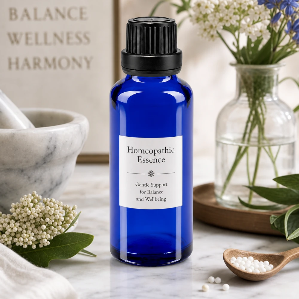 Kleine blaue 30ml Glasflasche mit schwarzem Tropfverschluss neben Mörser und Heilpflanzen