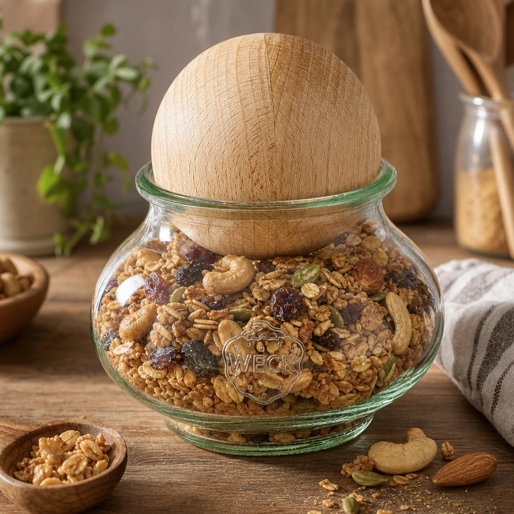 WECK Vorratsglas 220ml RR60 gefüllt mit Nüssen und Trockenfrüchten, Holzkugel-Deckel aus Buche, stilvolle Küchendeko