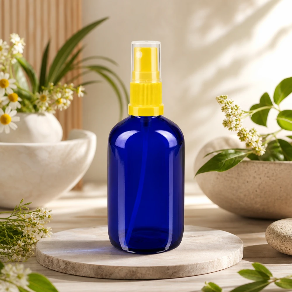 Apothekenflasche blau 100ml Sprayaufsatz gelb Apothekerglas Sprayflasche 100ml in Blau mit gelbem Zerstäuber für Hydrolate und Raumsprays