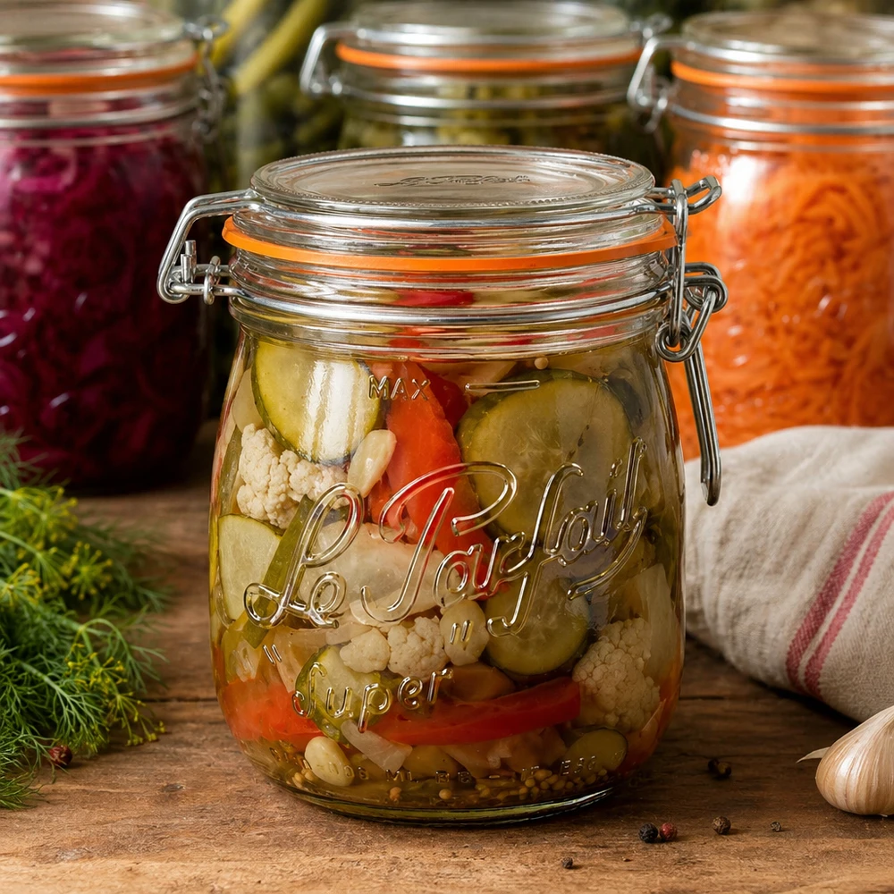 750ml Le Parfait Super Vorratsglas mit Bügelverschluss gefüllt mit eingelegtem Gemüse auf Holztisch