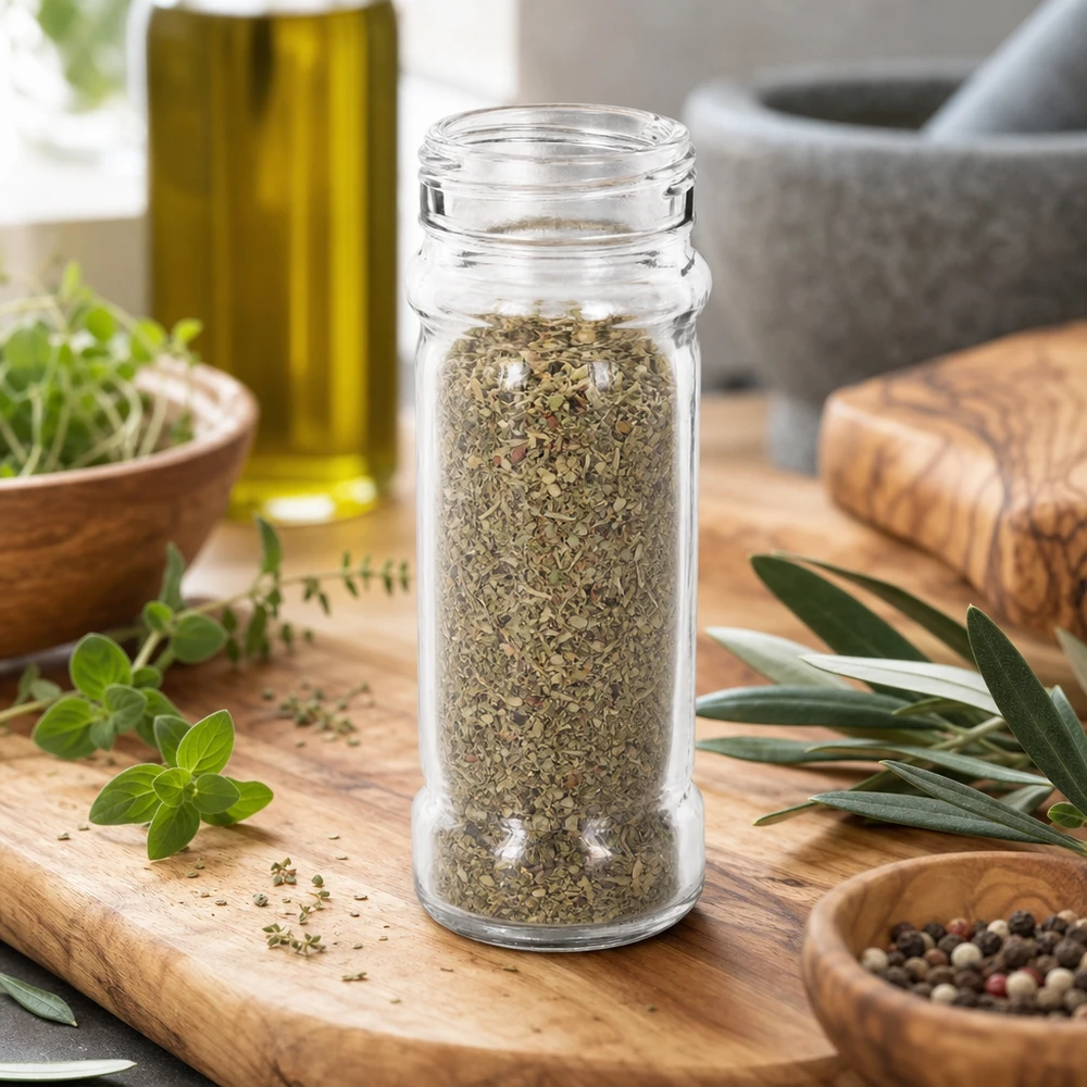 Kleines Salzglas Mary aus Klarglas 100ml mit Oregano befüllt in mediterranem Küchensetting