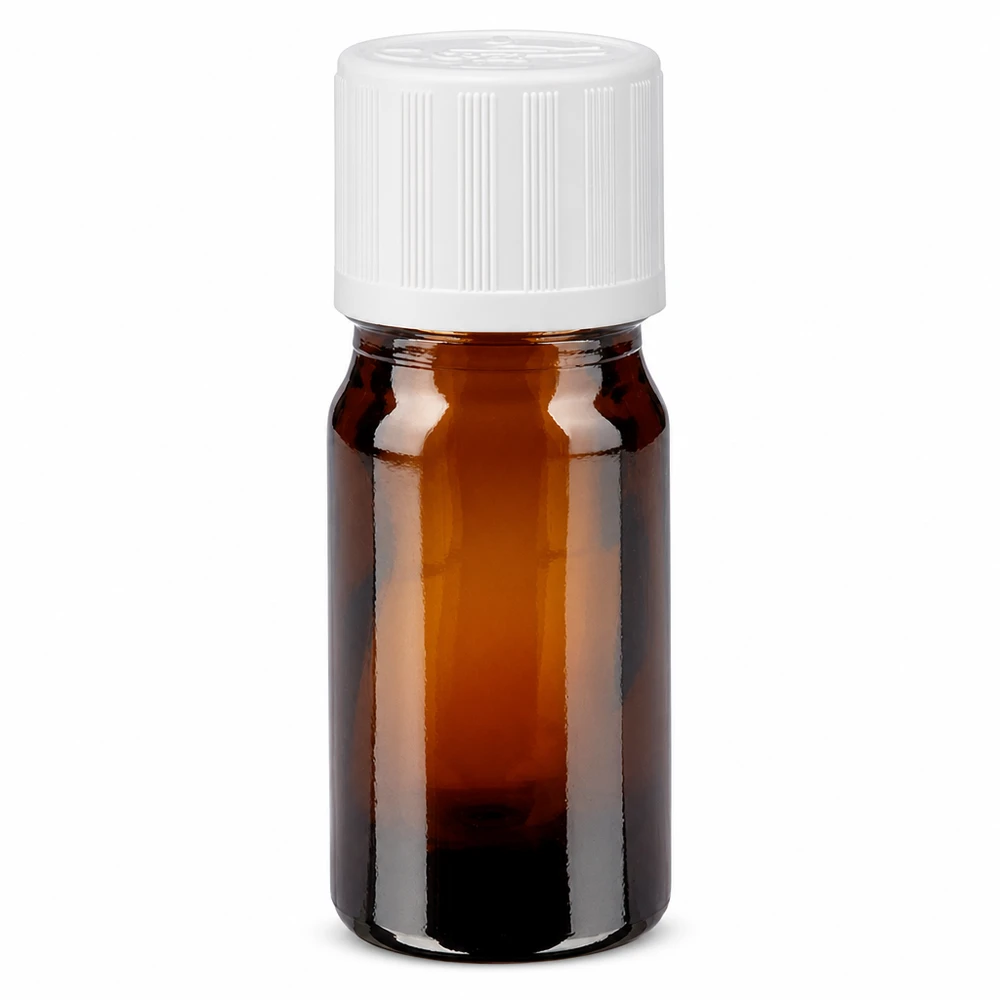 Kleine Braunglasflasche 5ml mit weißem Schraubverschluss und Kindersicherung Standard