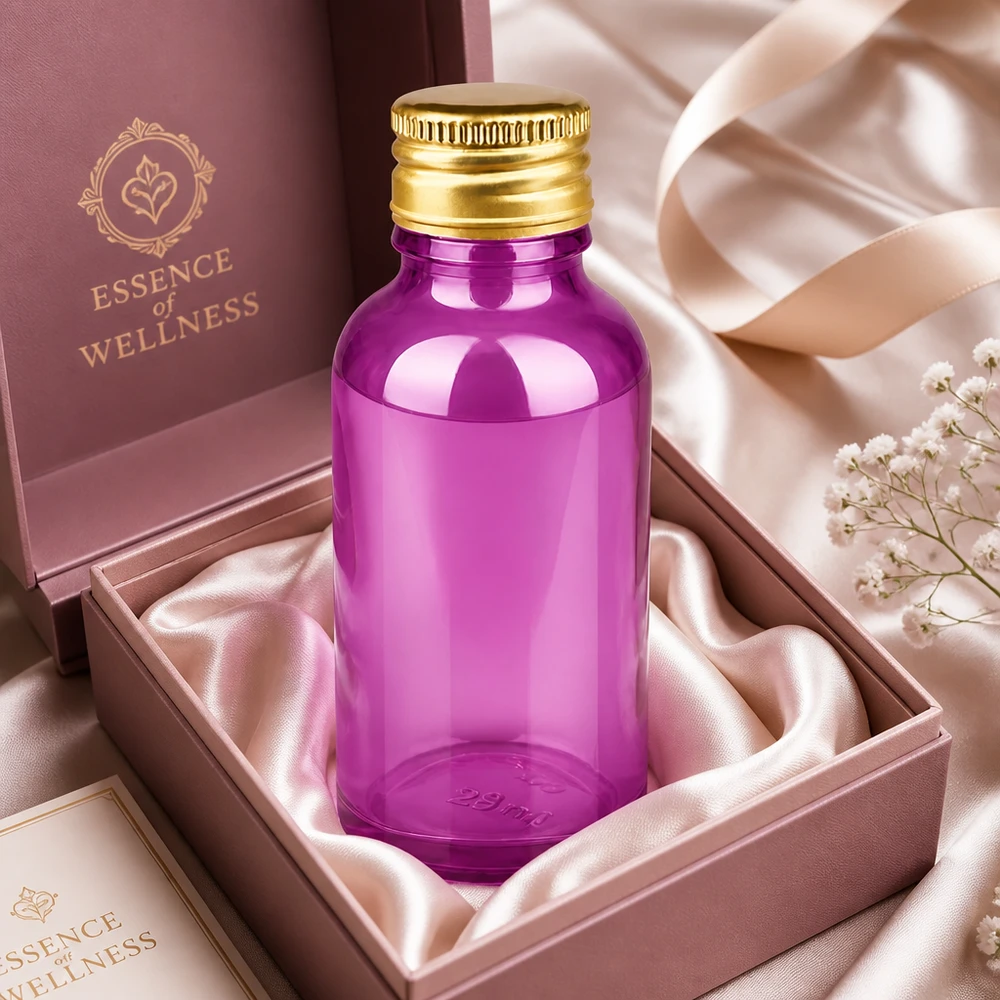 30ml Flasche 11mm Schraubverschluss Alu-Gold Standard PurpleLine. UT18/30 Edle 30ml Glasflasche Purple mit STD-Verschluss und Gold-Kappe perfekt für hochwertige Seren und Tinkturen
