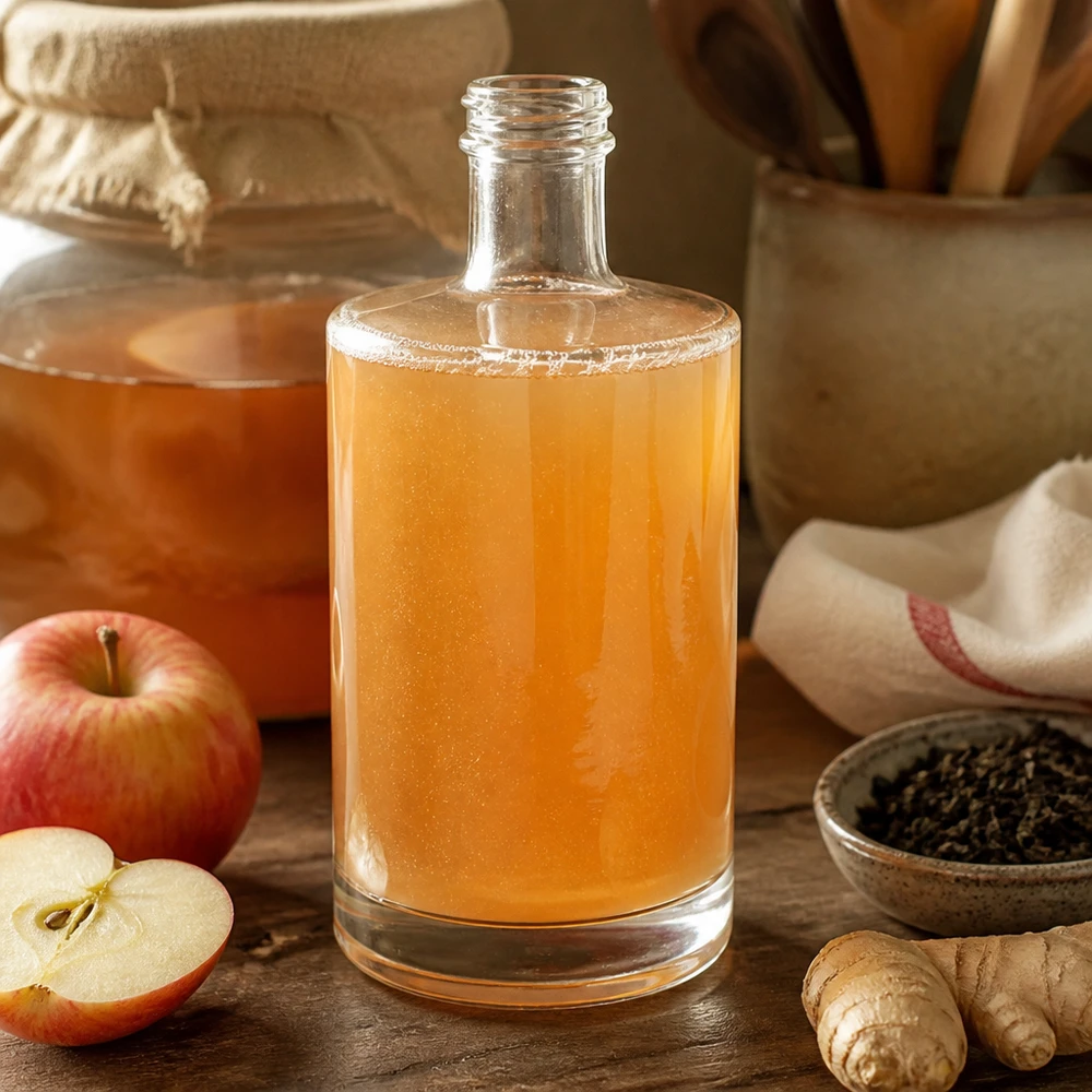 500ml Glasflasche Sam mit Apfelsaft befüllt rustikale Küchendeko mit Äpfeln Gewürzen und Kombucha-SCOBY Lifestyle