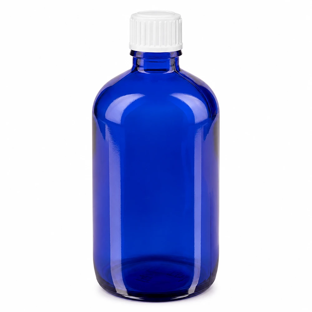 Apothekenflasche blau 100ml Schraubverschluss weiß Standard Blaue Glasflasche 100ml Apothekerformat mit kindersicherem weißen Verschluss