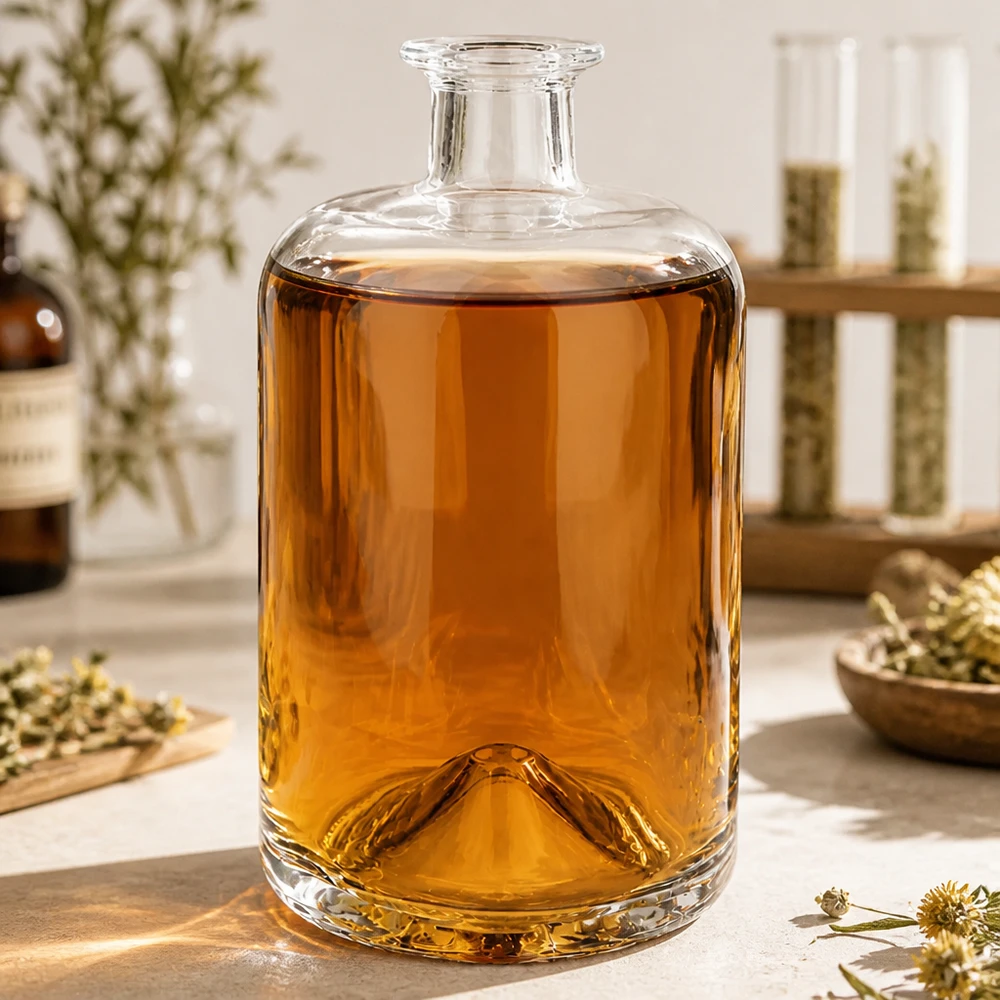 700ml Apothekenflasche "Classic" ohne Verschluss UNiTWIST® 700ml Glasflasche Sofia mit bernsteinfarbener Flüssigkeit gefüllt in gemütlicher Küche mit Trockenblumen als Deko