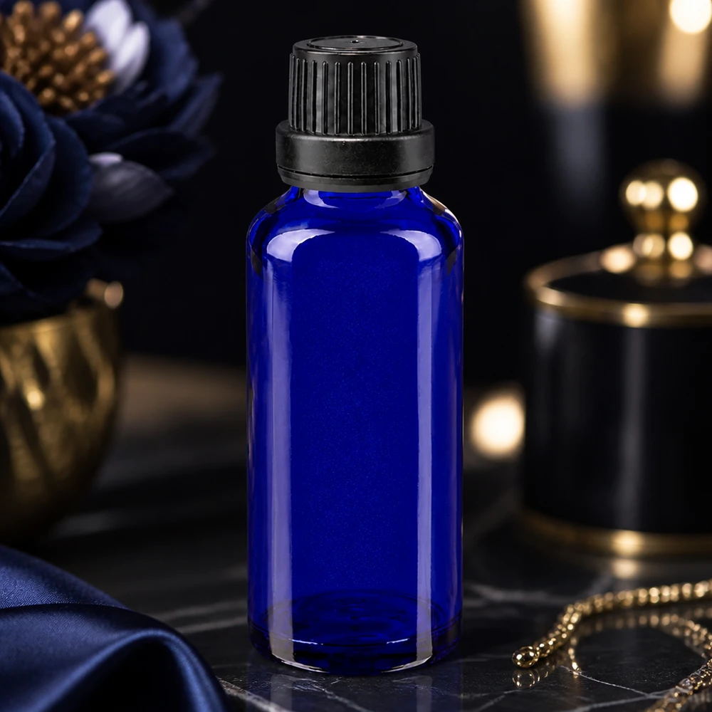 30ml blaue Glasflasche mit schwarzem Sicherheitsverschluss für Parfümöle und Essenzen