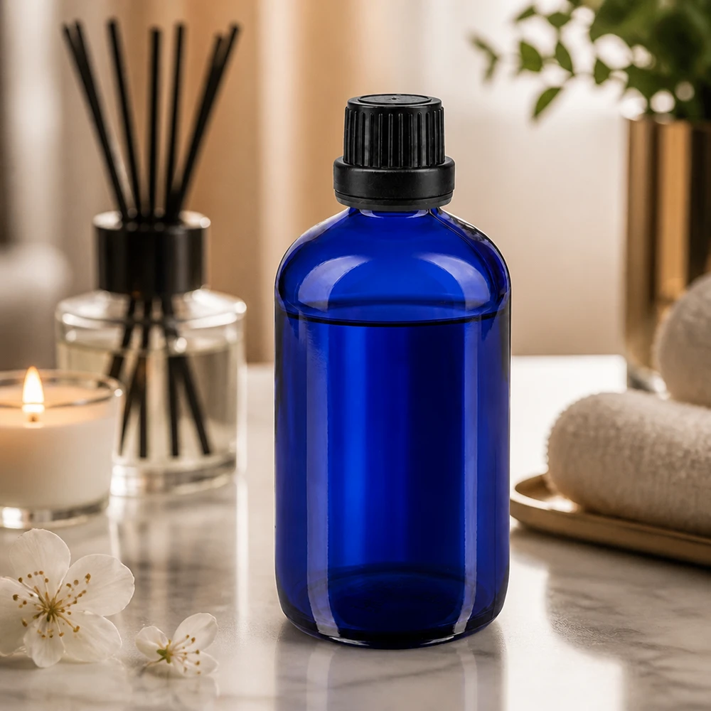 Apothekenflasche blau 100ml Schraubverschluss schwarz Dichteinlage Originalitätsverschluss Dunkelblaue Glasflasche 100ml mit OV-Verschluss ideal für Aromatherapie und Wellness