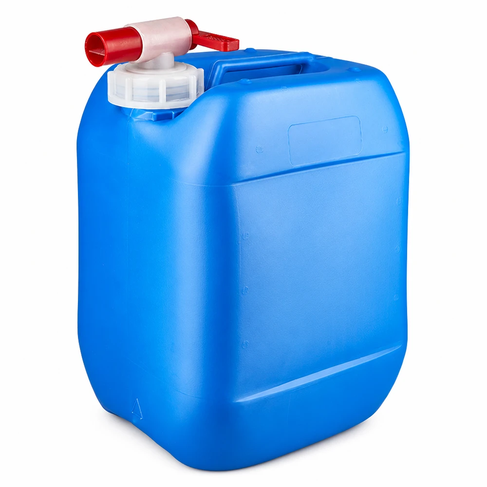 Rechteckiger HDPE Kanister 10L blau mit praktischem Zapfhahn für einfache Entnahme
