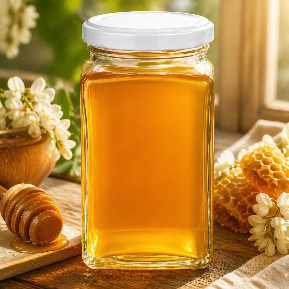 260ml Tetraglas mit weißem Deckel gefüllt mit goldgelbem Honig neben Waben und Holzlöffel natürliche Dekoration