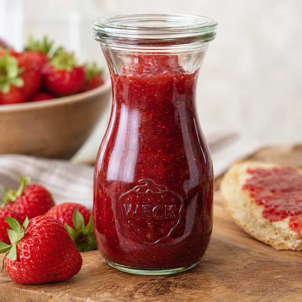 WECK Saftflasche 290ml RR60 mit roter Erdbeermarmelade gefüllt neben frischen Erdbeeren und Brot auf Holzbrett